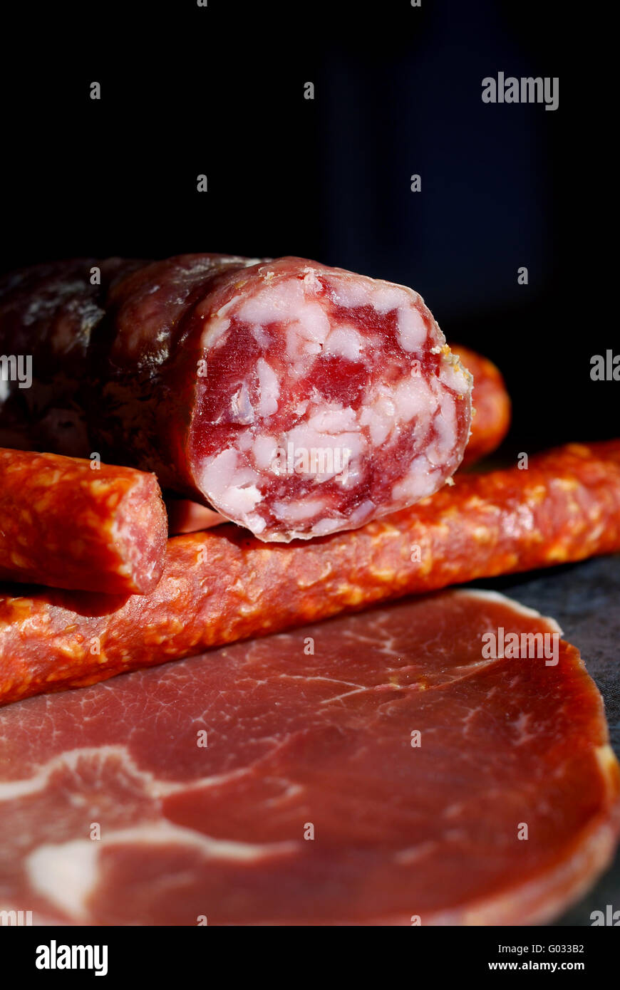 Salami, Kabanos sausages and Black Forest ham Stock Photo Alamy