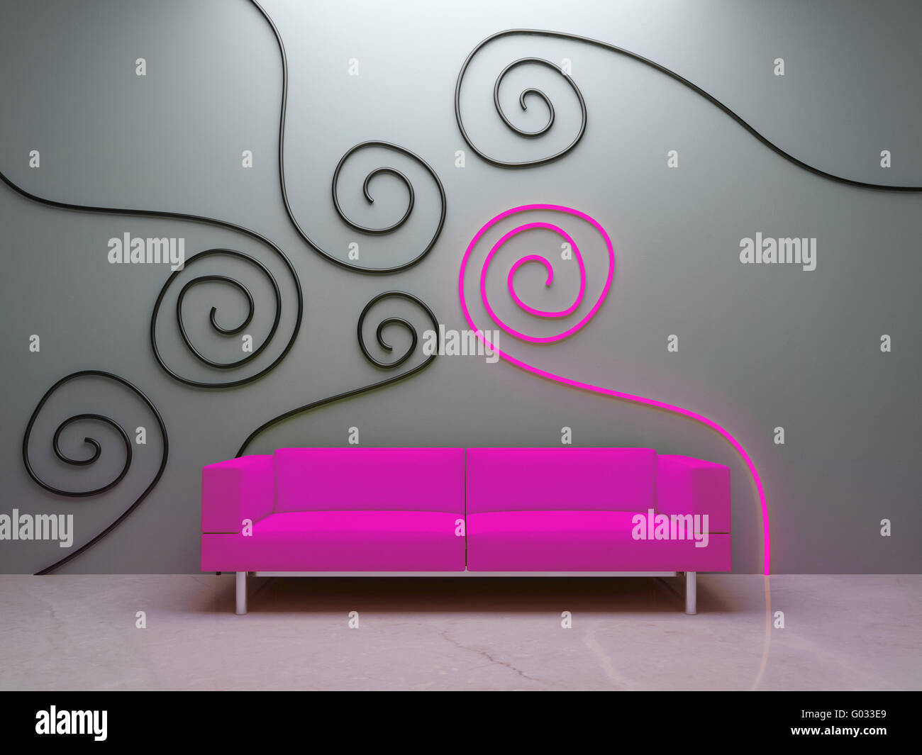 Interior design - Pink couch and decorated wall Stock Photo