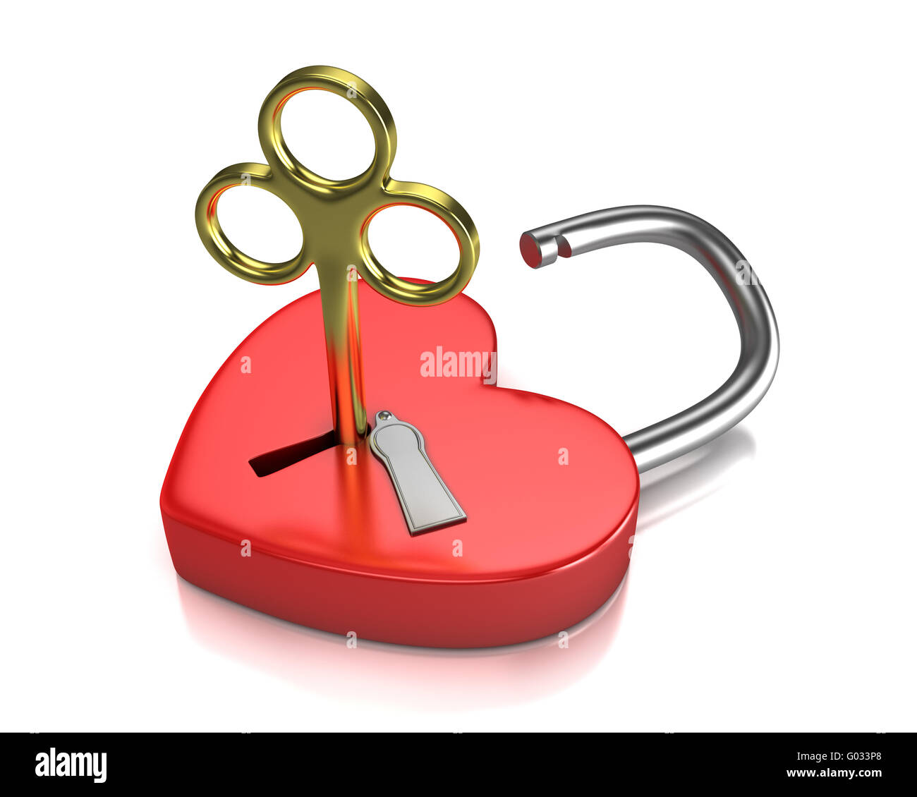 Opened red lock formed as heart with a golden key in a keyhole Stock ...