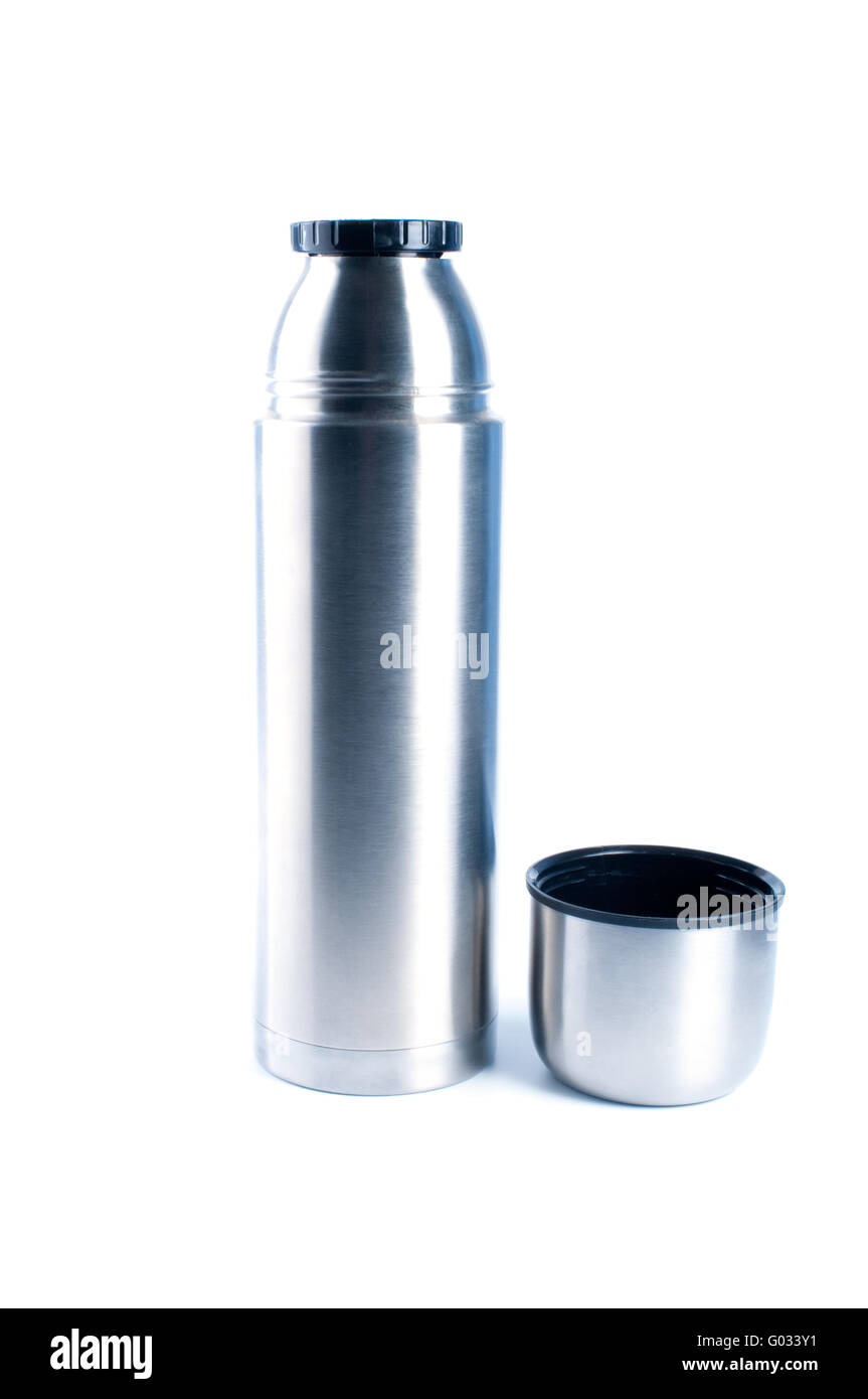 Metal thermos for preservation of a hot or cold liquid on a white