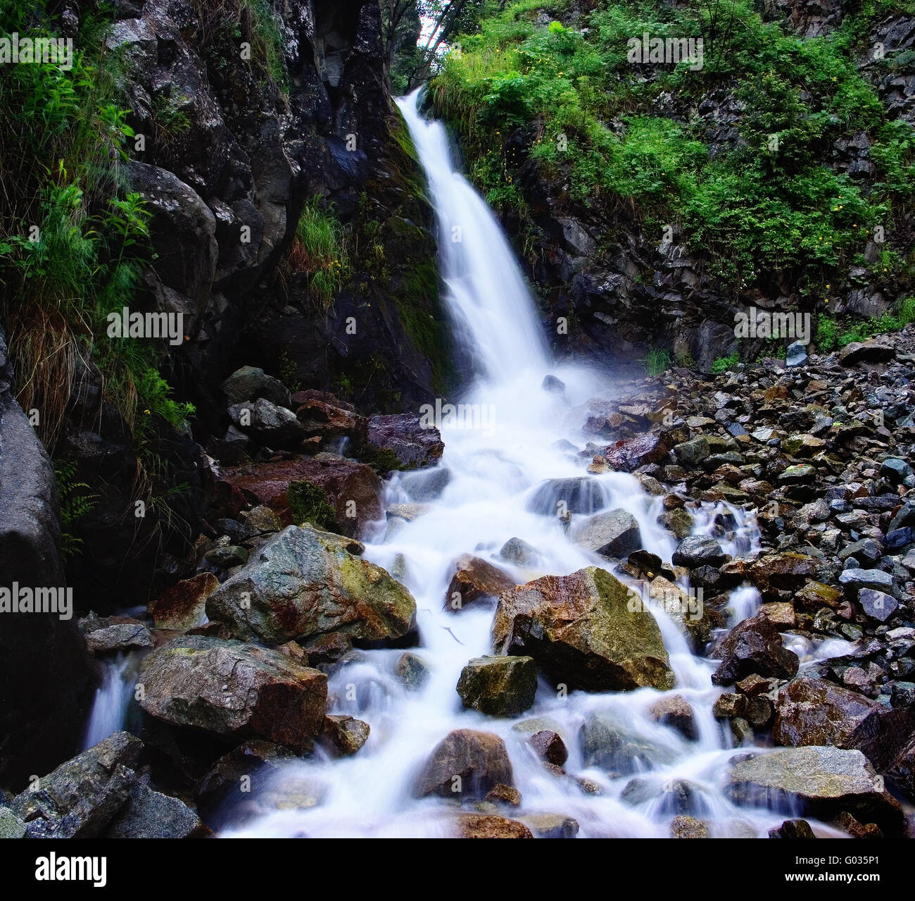 First waterfall in gorge Ayu-Say and flow of water on stone Stock Photo