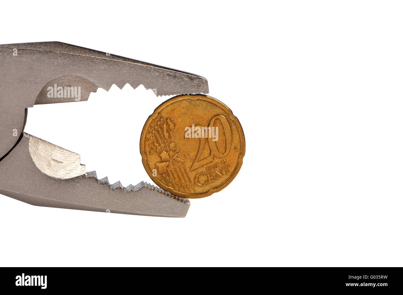 Flat-nose pliers and coin isolated on white background. Stock Photo