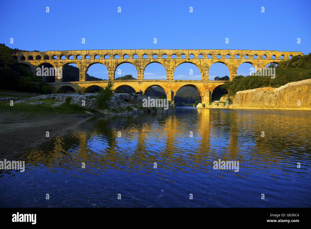 Pont du Gard and river Gardon, Provence, France Stock Photo