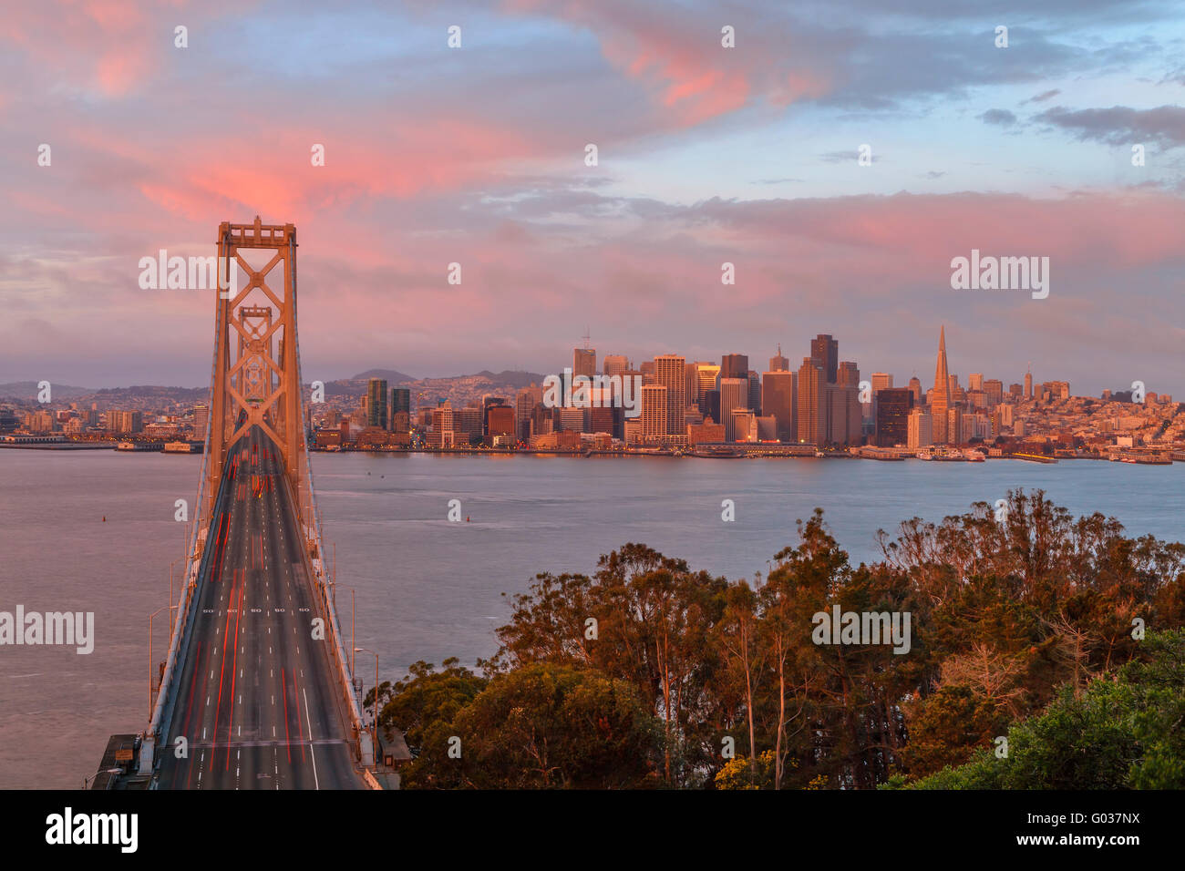 San Francisco Bay Bridge at Sunrise Stock Photo