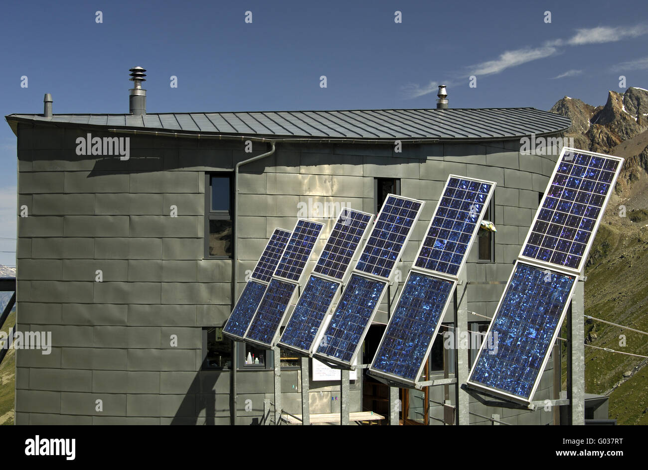 silicon solar cells at a mountain hut, Switzerland Stock Photo