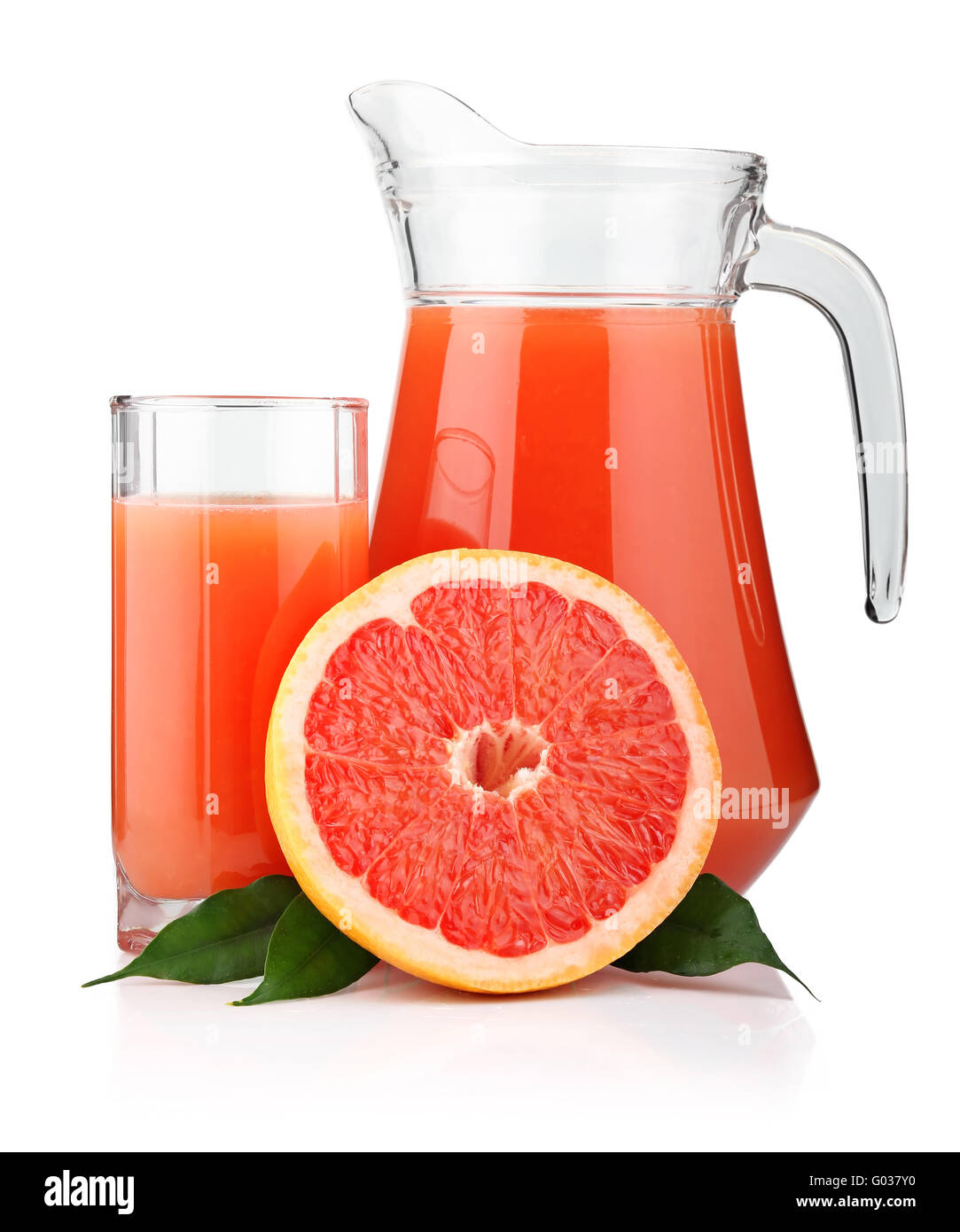 Full glass and jug of grapefruit juice and fruits isolated Stock Photo