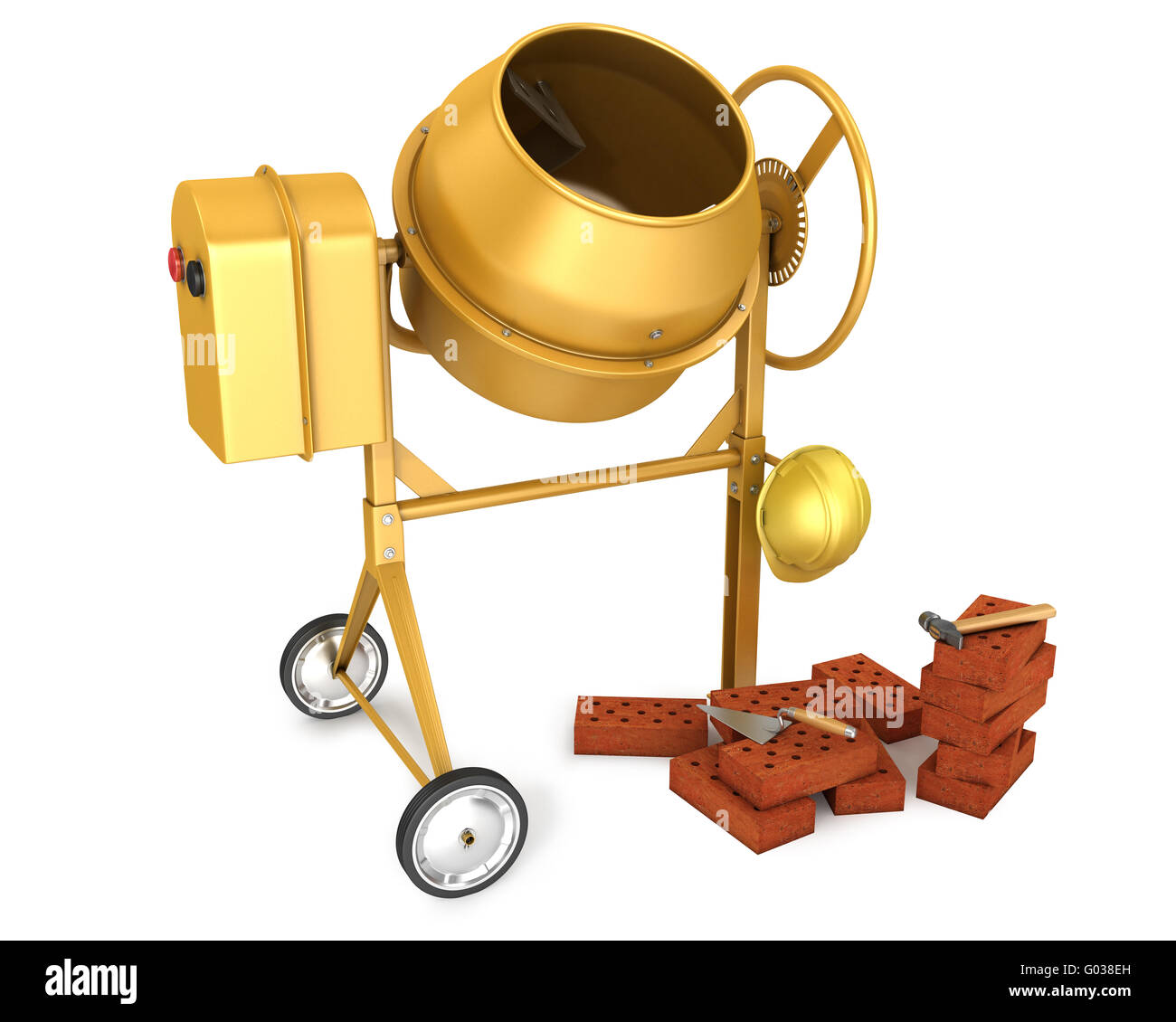 Clean new yellow concrete mixer with helmet, trowel and few bricks