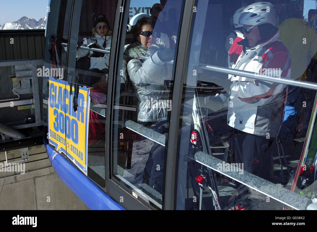 Skier in the cable car Glacier 3000, Diablerets Stock Photo
