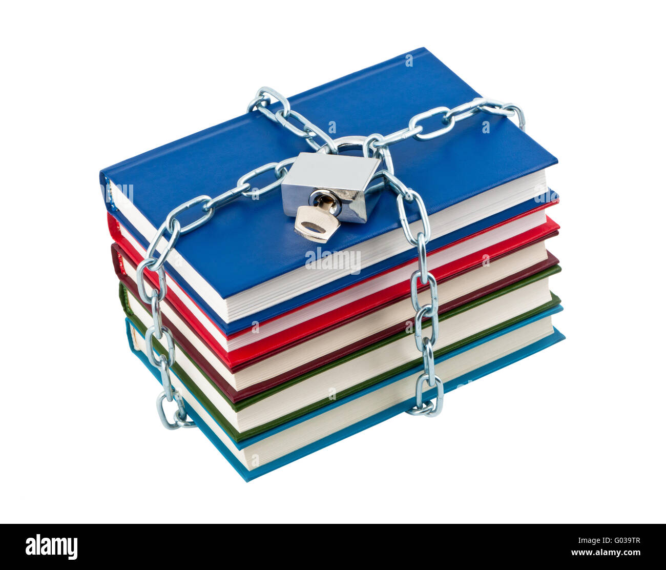 Books in chains closed padlock isolated on white background. Stock Photo