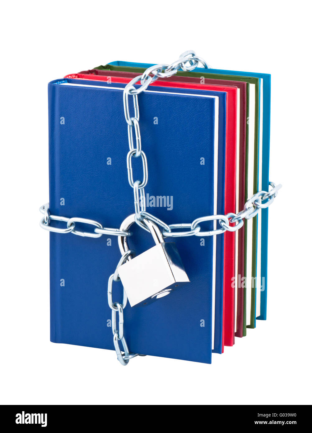Books closed on padlock and chain isolated on white background. Stock Photo