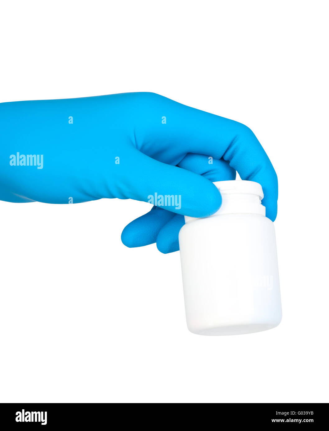 Hand in rubber glove holding jar with medication. Stock Photo