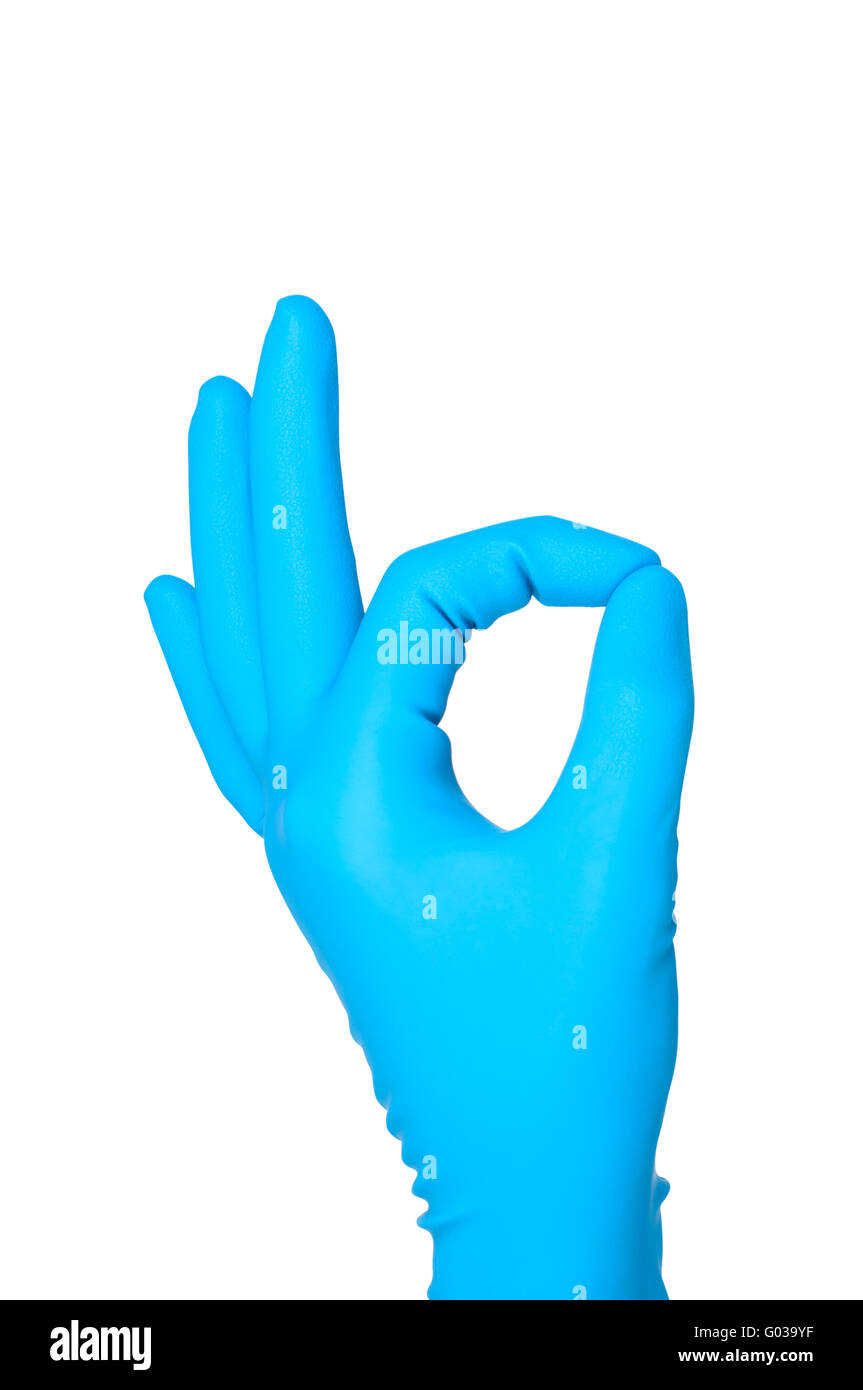 Hand in blue glove OK sign isolated on white background. Stock Photo