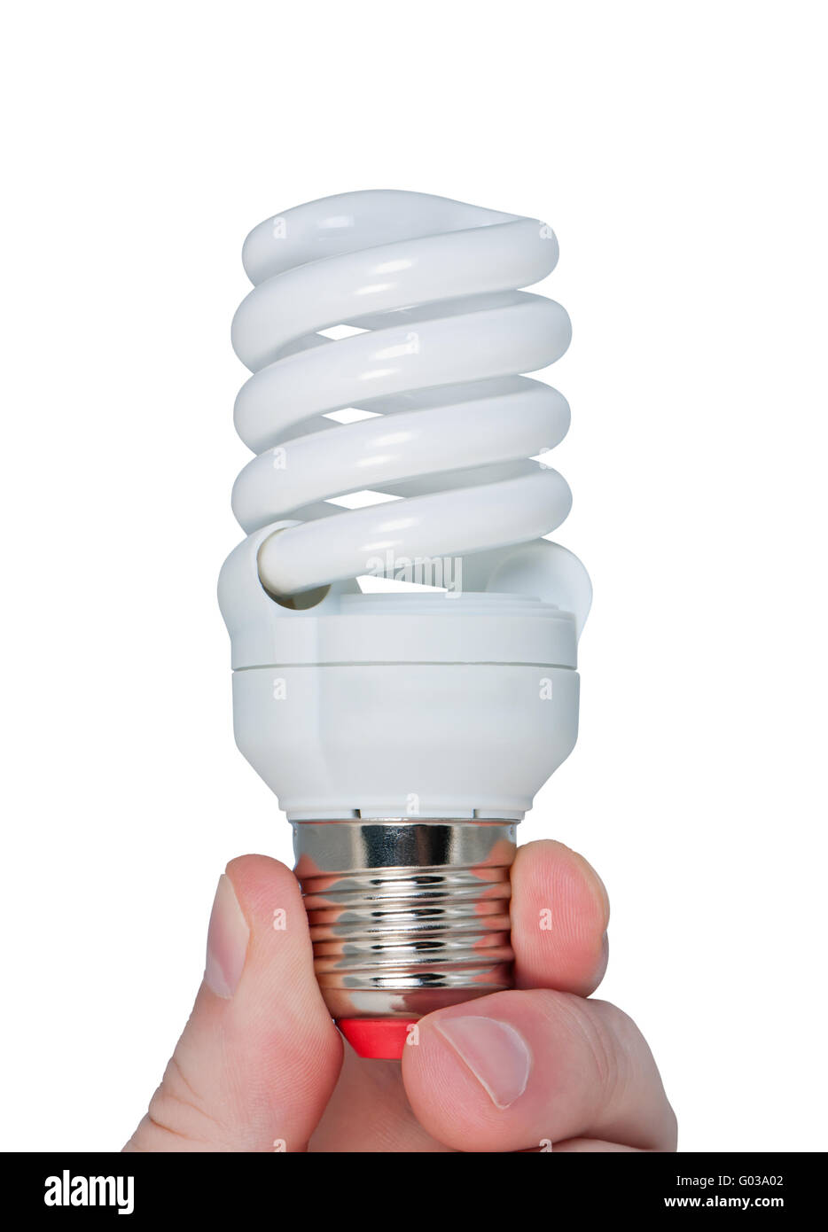 Fingers holding energy-saving electric lamp isolated on white. Stock Photo
