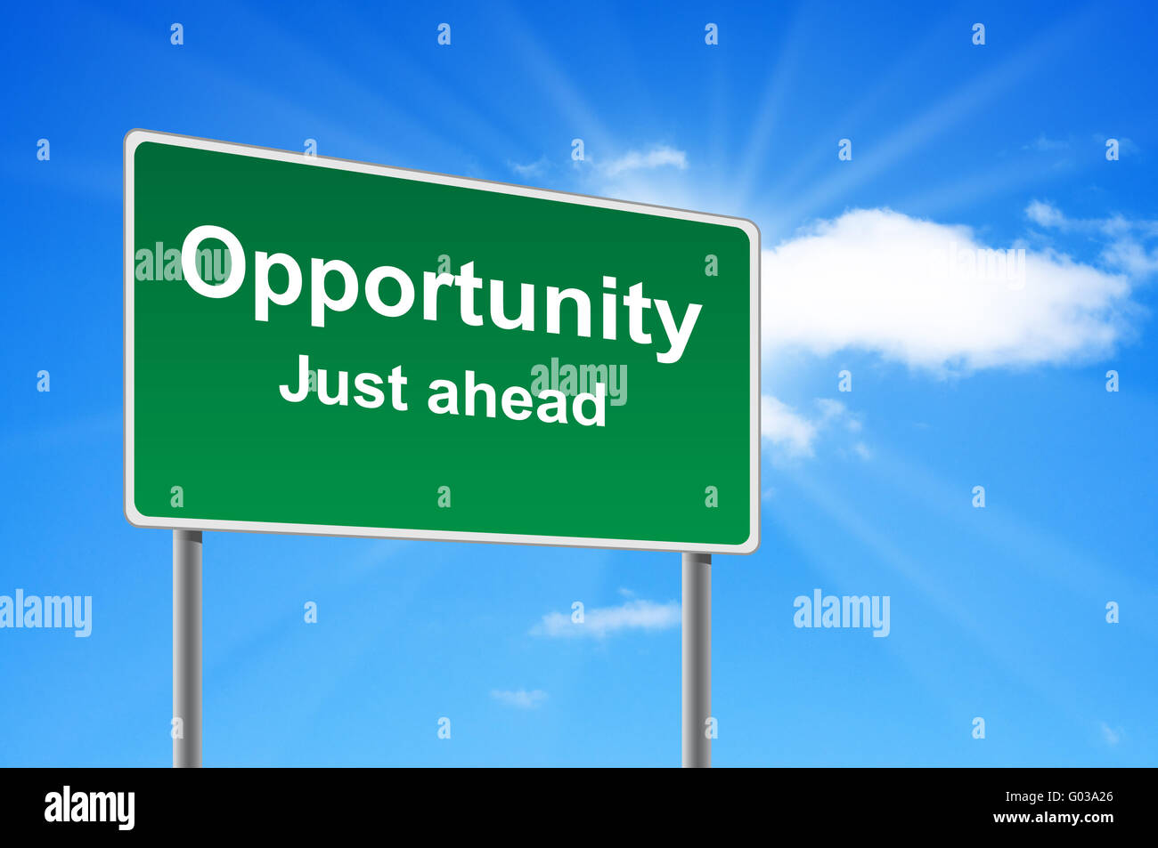 Opportunity road sign on background clouds and sunburst. Stock Photo