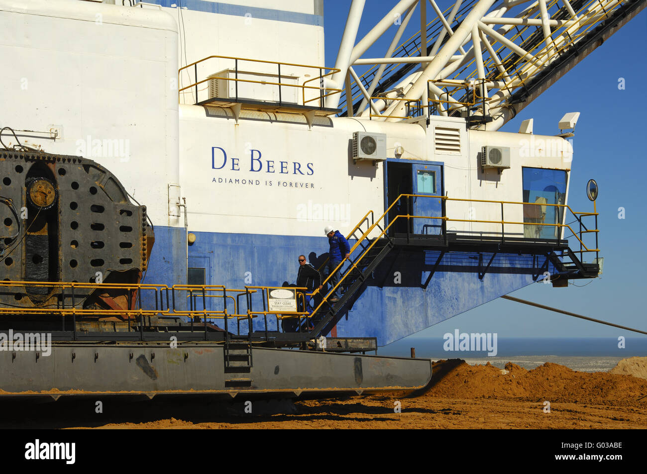 Work staff at a dragline excavator, South Africa Stock Photo