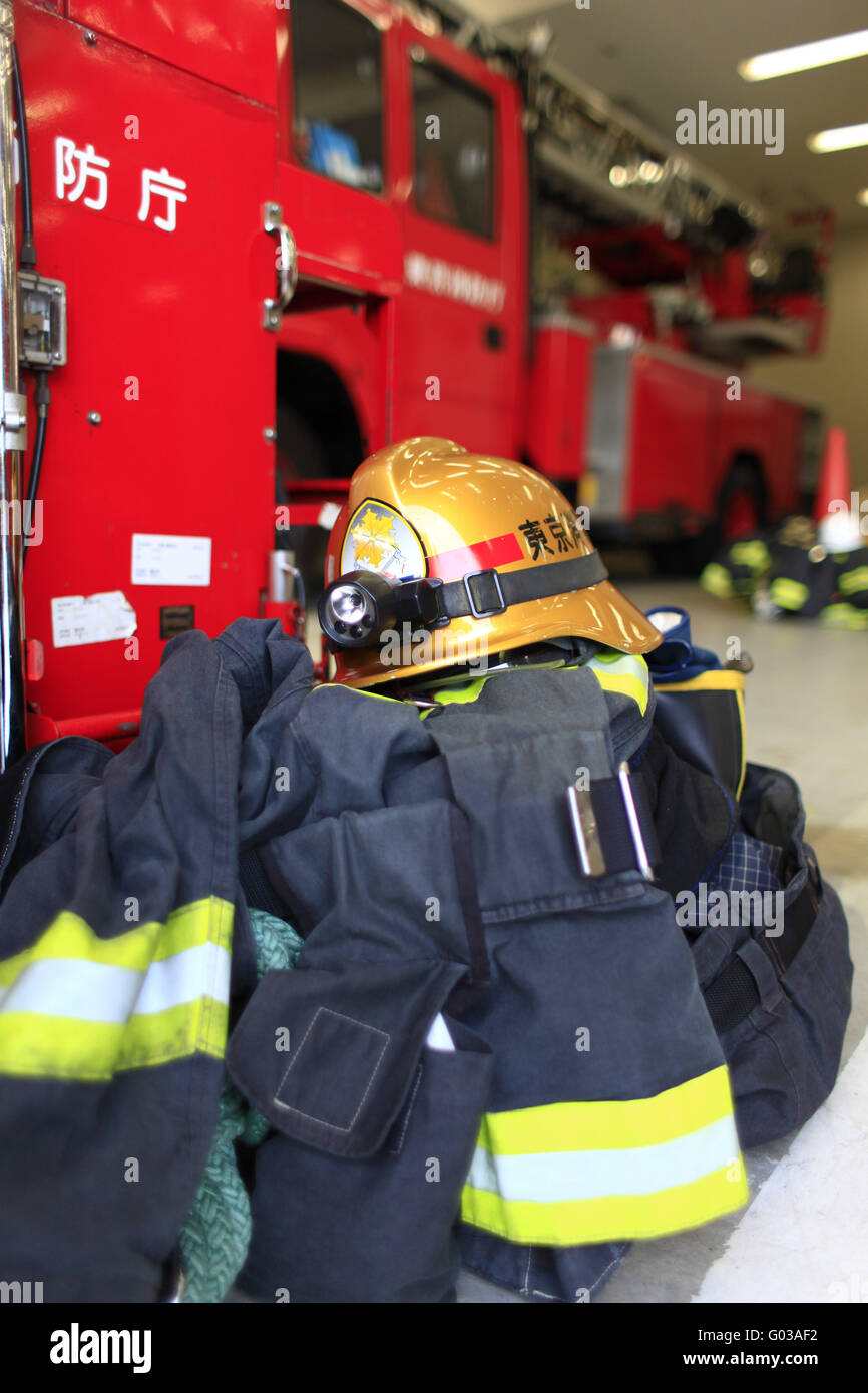 Firefighters helmet and turnout gear, uniform. Stock Photo