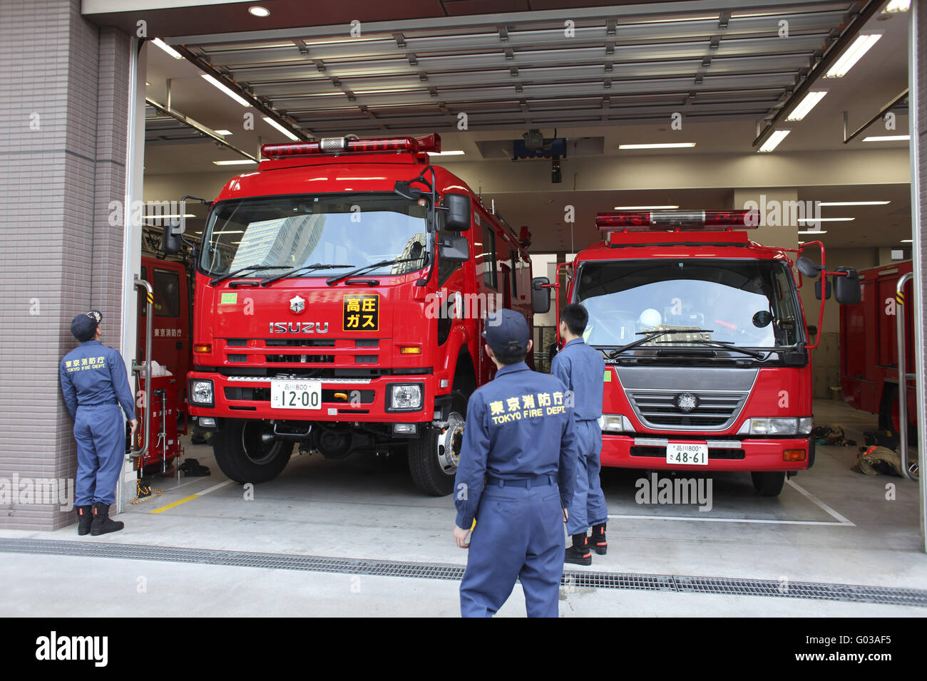 Firestation and Firefighters, Tokio Stock Photo