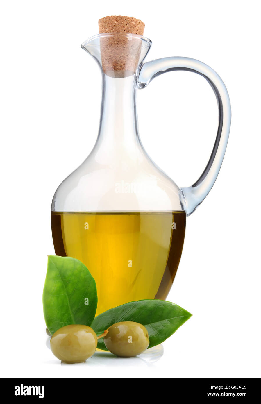 Jug of olive oil, beans and branch of bay leaf isolated Stock Photo Alamy