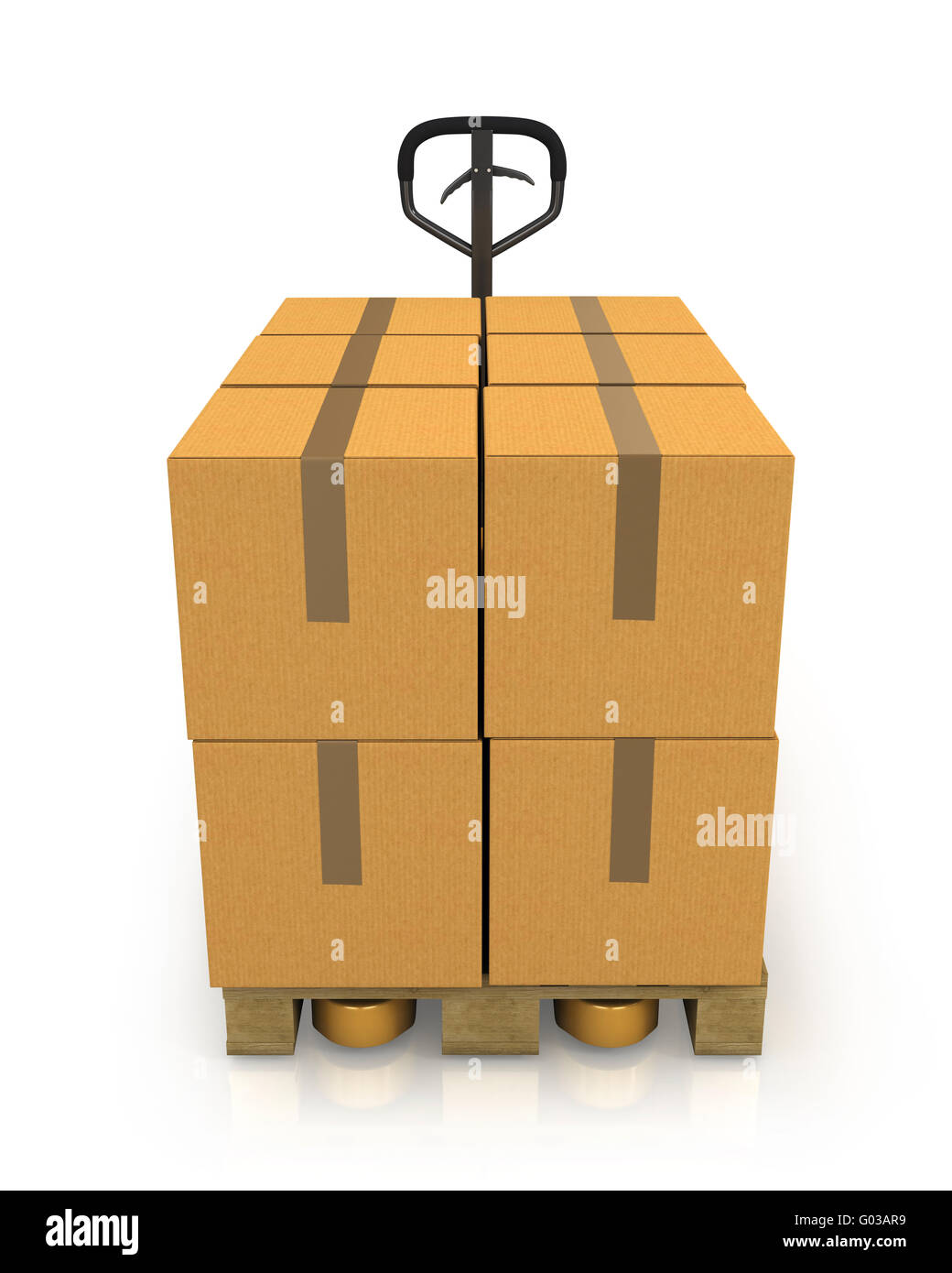 Stack of carton boxes on a pallet with a pallet truck front view Stock