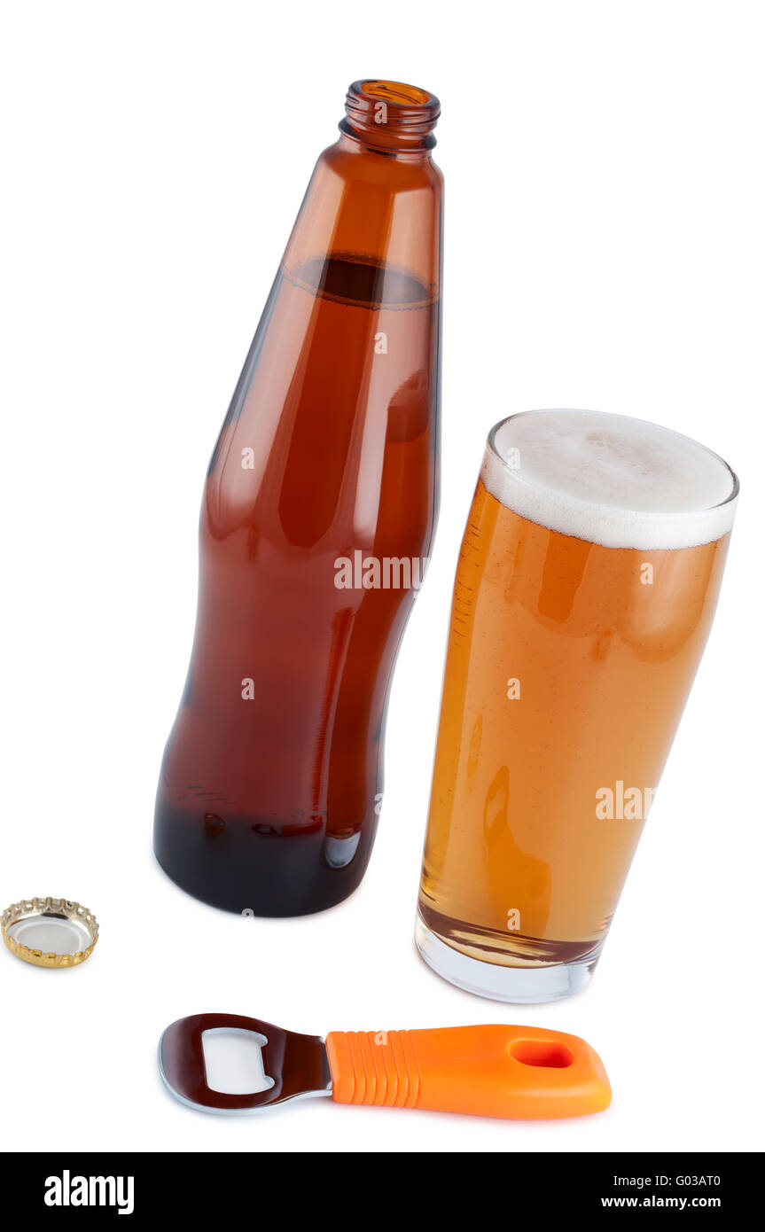 Beer in bottle with bottle opener and glass. Clipping path. Stock Photo