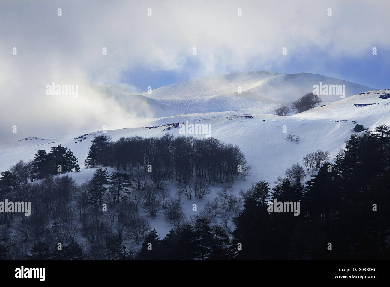 snow storm over the Mount Etna, Sicily, Italy Stock Photo