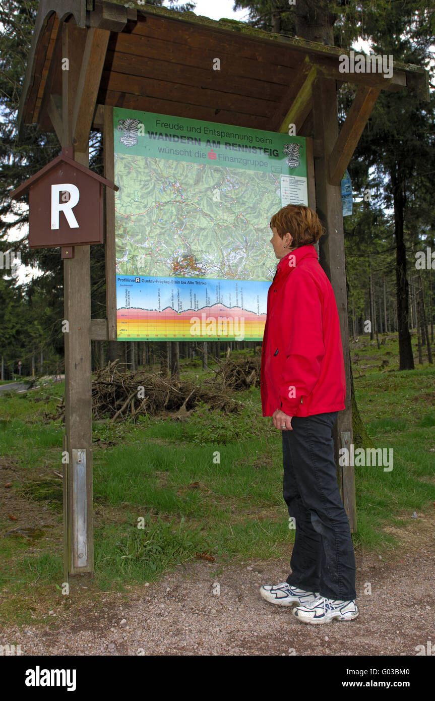 Woman looking at a map of the Rennsteig trail Stock Photo