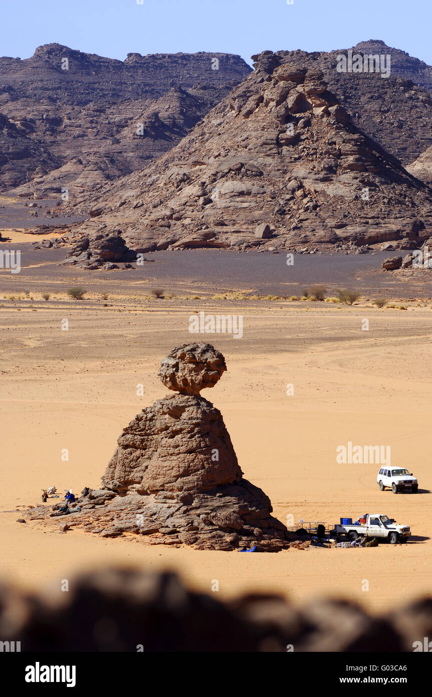 Campsite of an expedition in the Acacus Mountains Stock Photo
