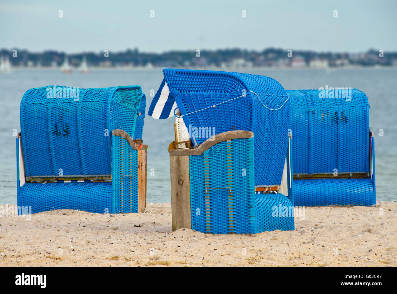 Blue beach baskets on the Baltic Sea Stock Photo