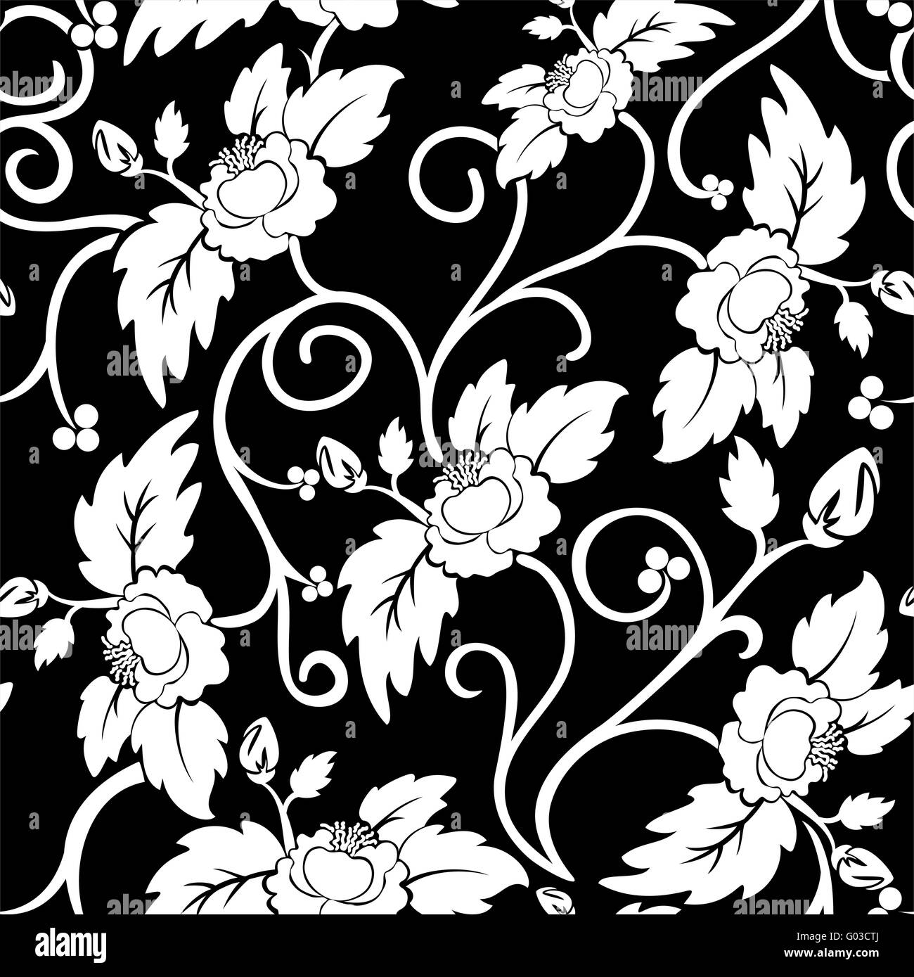 black seamless background with curly white flowers Stock Photo - Alamy