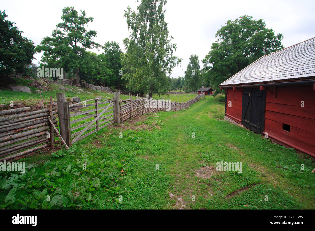 Red wooden huts. Sweden Stock Photo