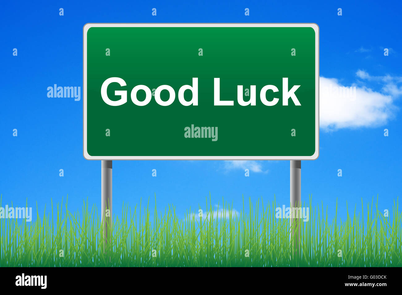 Good luck road sign on sky background. Bottom grass. Stock Photo