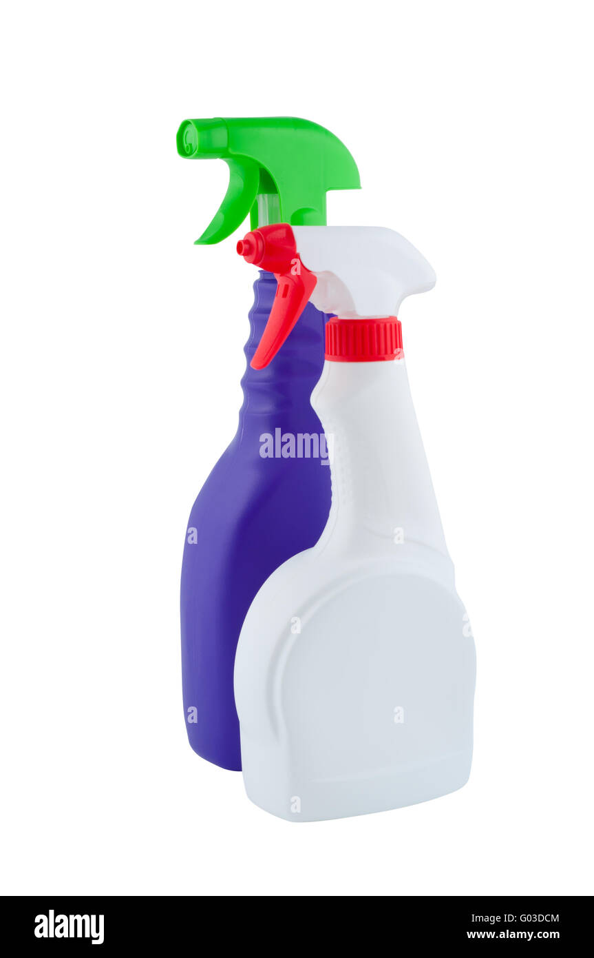 Bottles sprayer for cleaning isolated on white background. Stock Photo