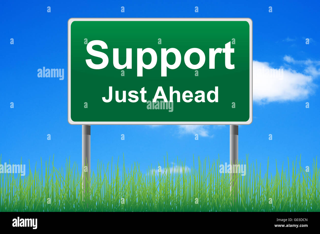 Support road sign on sky background. Bottom grass. Stock Photo