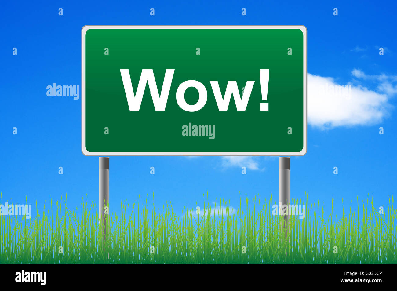 Wow road sign on sky background. Bottom grass. Stock Photo