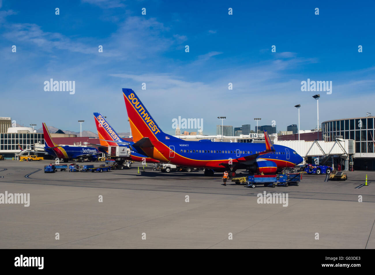 Southwest Airlines jets being loaded with baggage at McCarran Airport