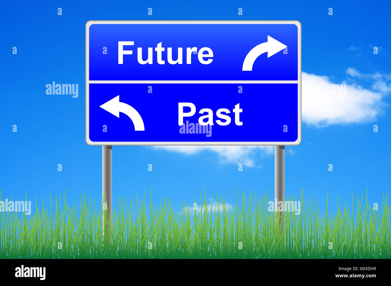 Future past conceptual signpost on sky background. Stock Photo