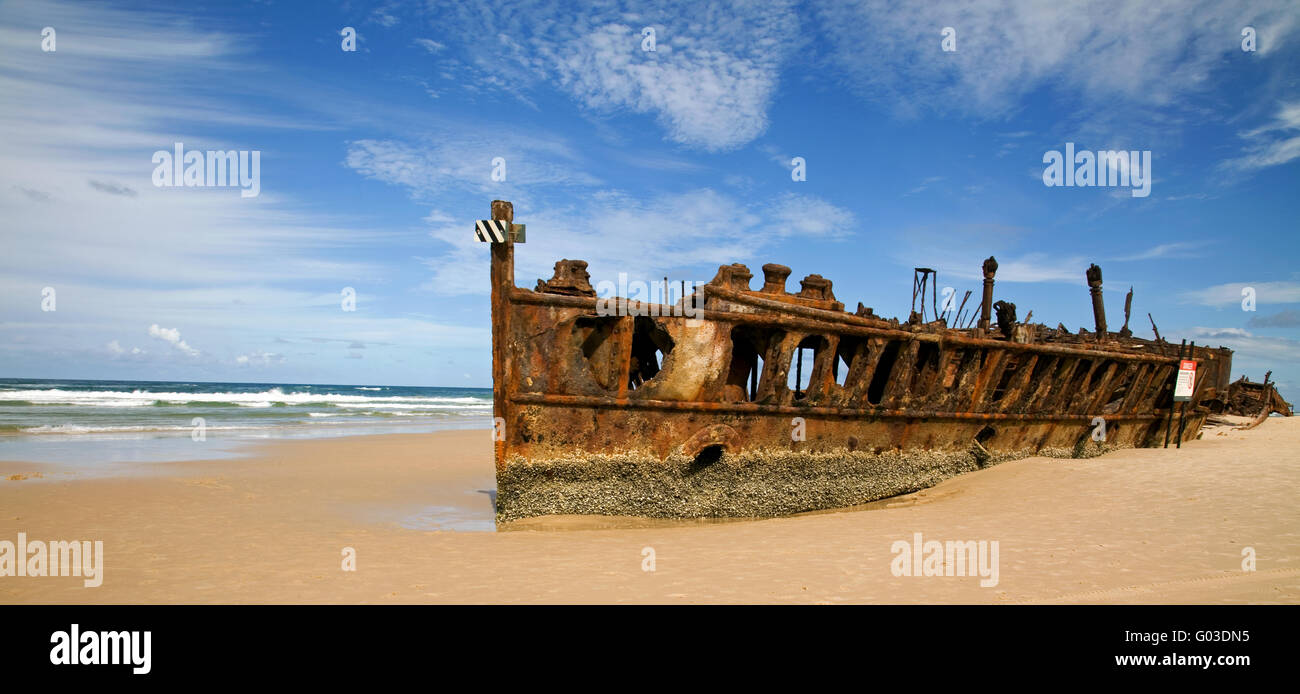 Maheno shipwreck on the beach of Fraser Iceland Stock Photo