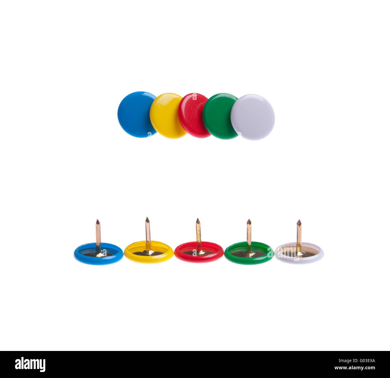 colored push pins (front and back) isolated on white background Stock