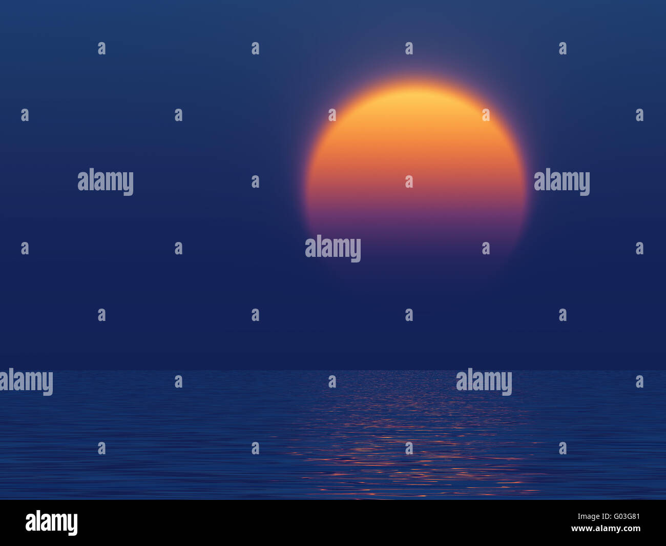 sunset with the large yellow sun reflected in wate Stock Photo