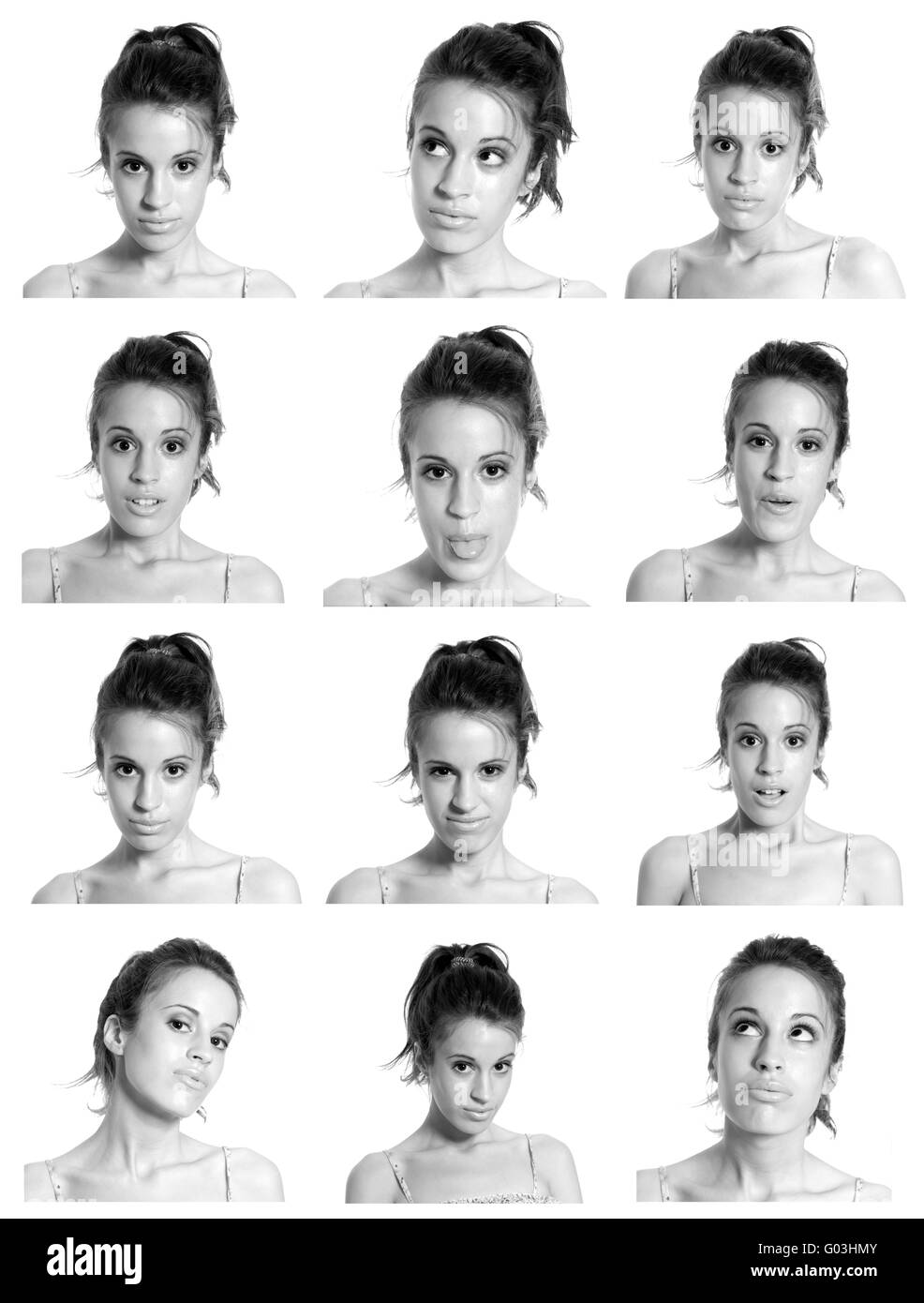 Young woman face expressions composite black and white isolated Stock Photo