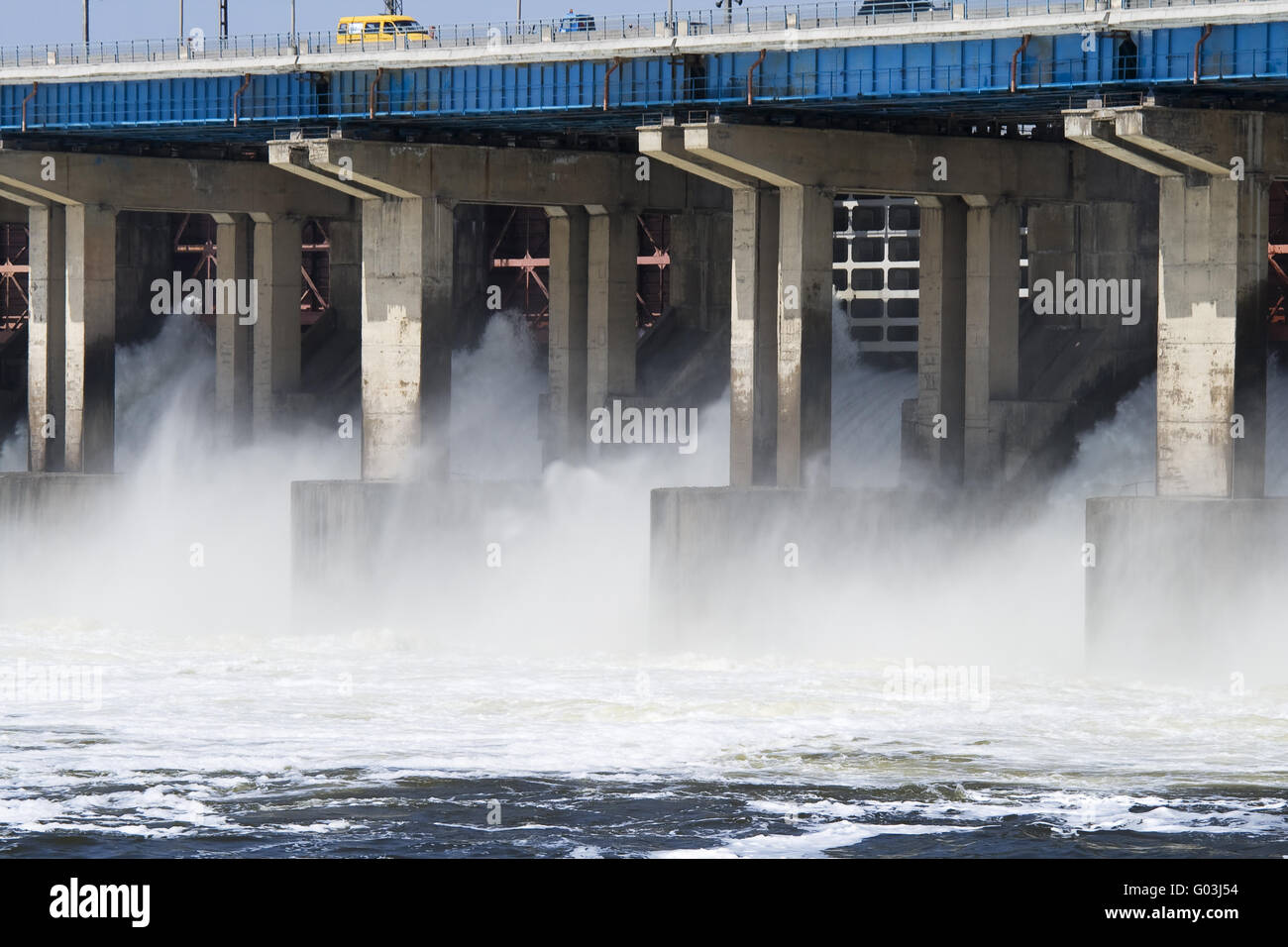 Reset of water on hidroelectric power station on river Stock Photo