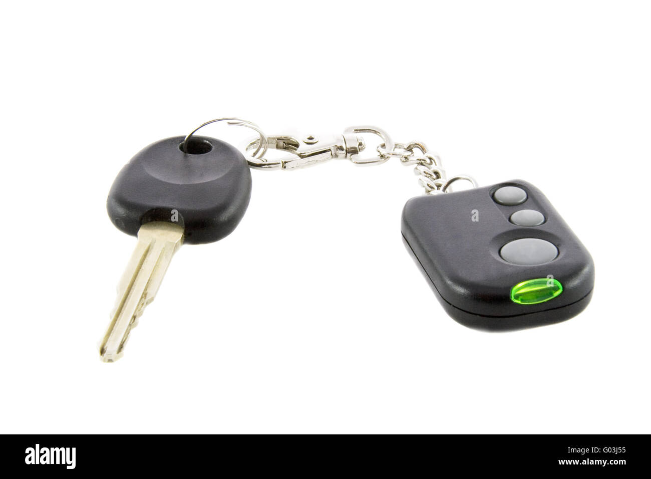 Car keys and remote control of car alarm system isolated over white background Stock Photo