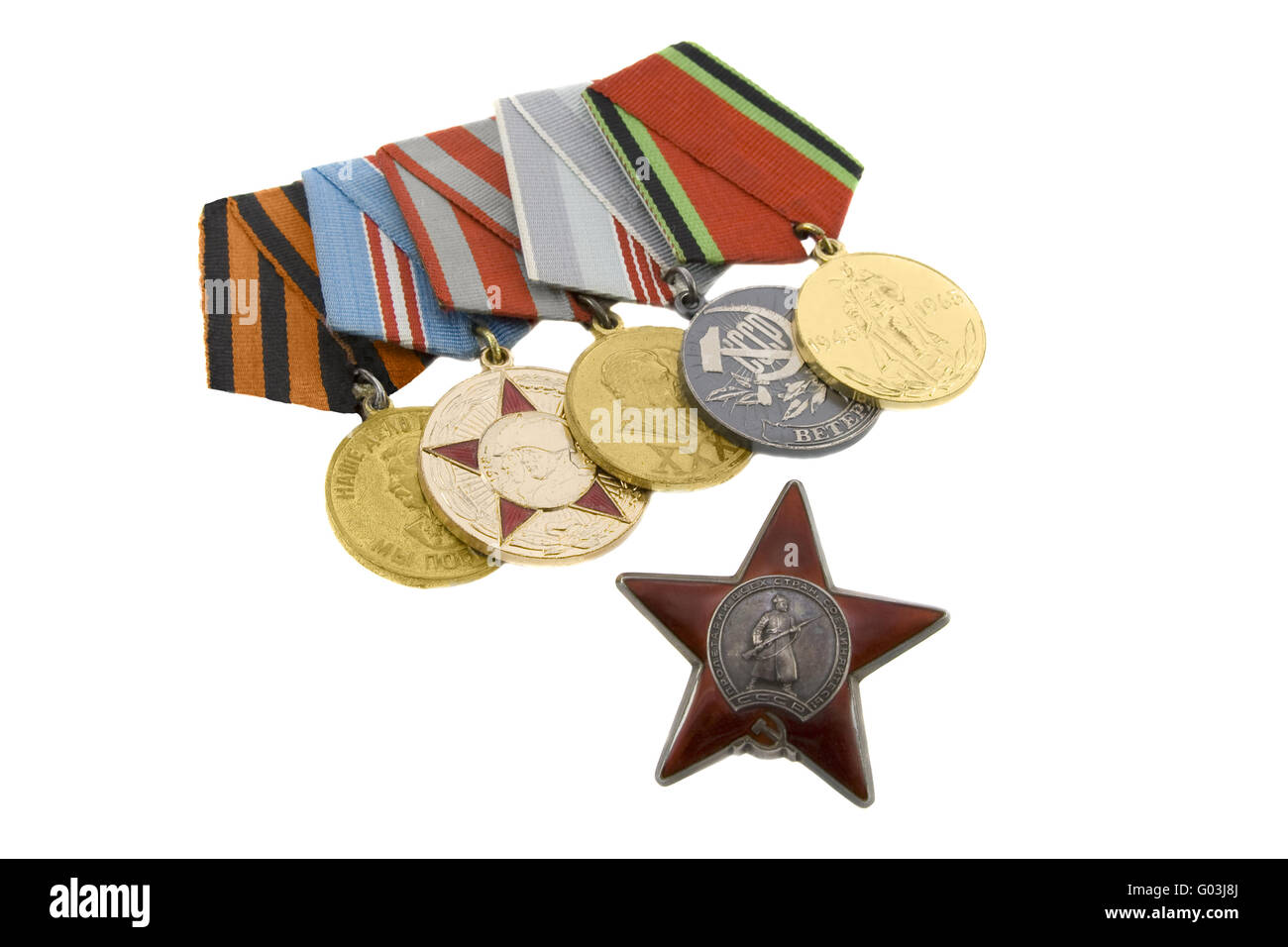 The medals of soviet heroes isolated over white background Stock Photo