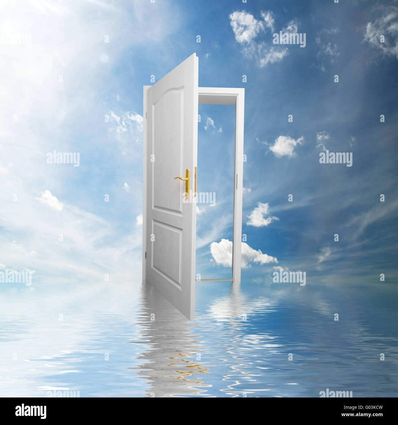 Door to new world. Open door in sky conceptual. Other original versions of this concept available in my portfolio. Stock Photo