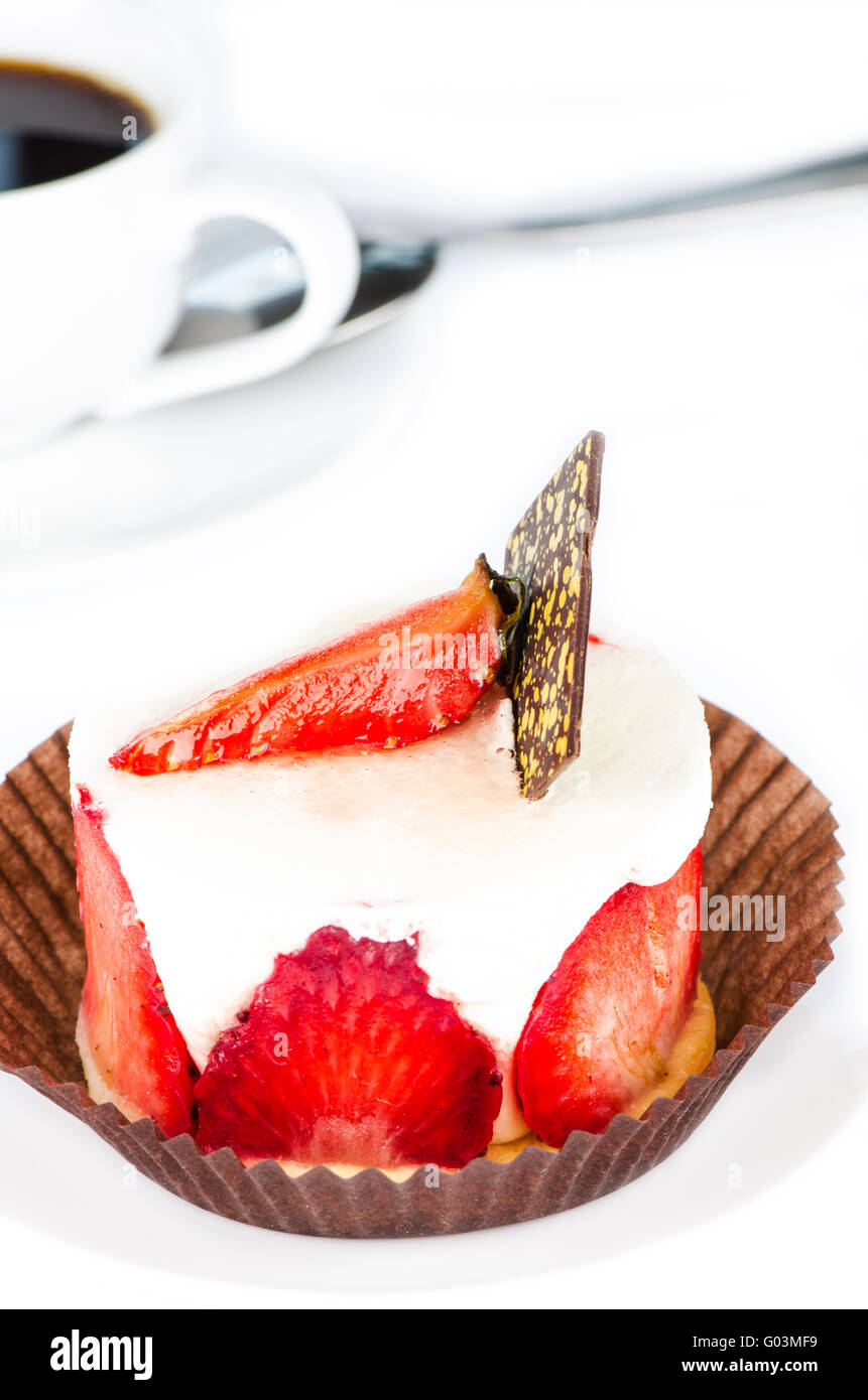 Strawberry cake and white coffee cup background Stock Photo - Alamy