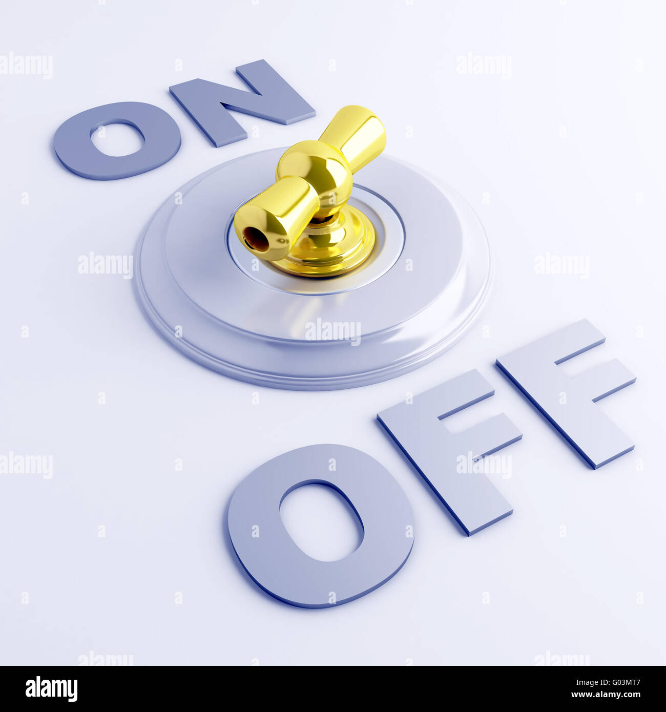 golden toggle switch with on-off sign on a light b Stock Photo