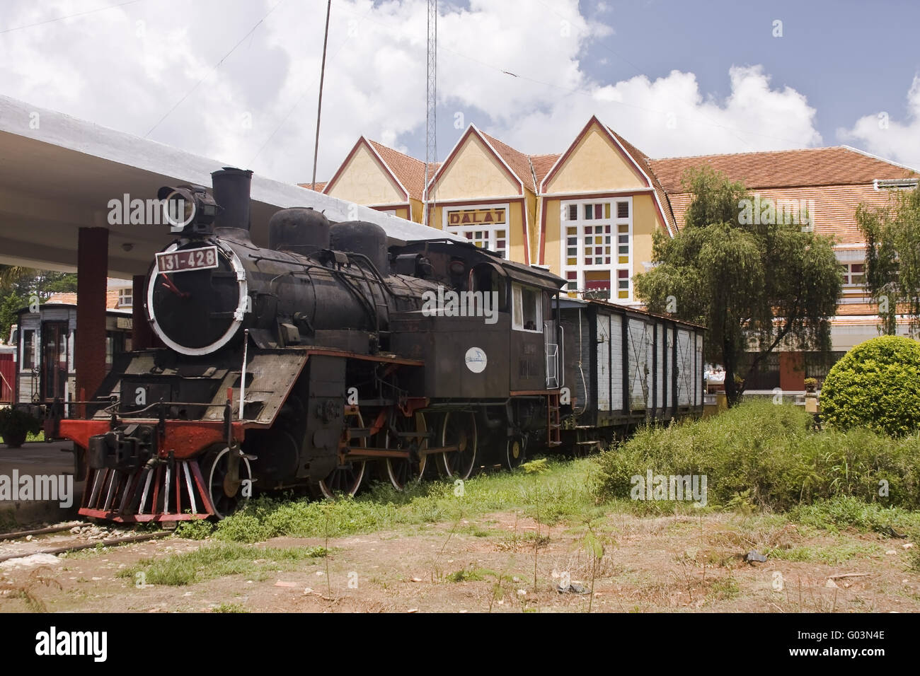 Old steam engine in old trainstation Dalat, Vietna Stock Photo
