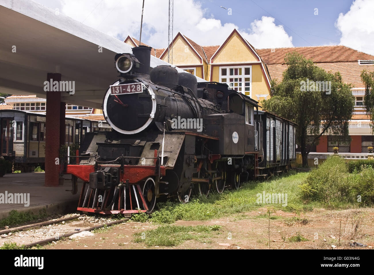 Old steam engine in old trainstation Dalat, Vietna Stock Photo