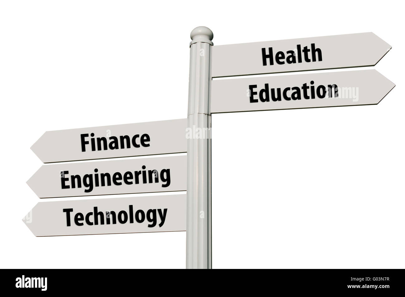 conceptual picture of a signpost with five career paths isolated on white background (all signs cleaned) Stock Photo