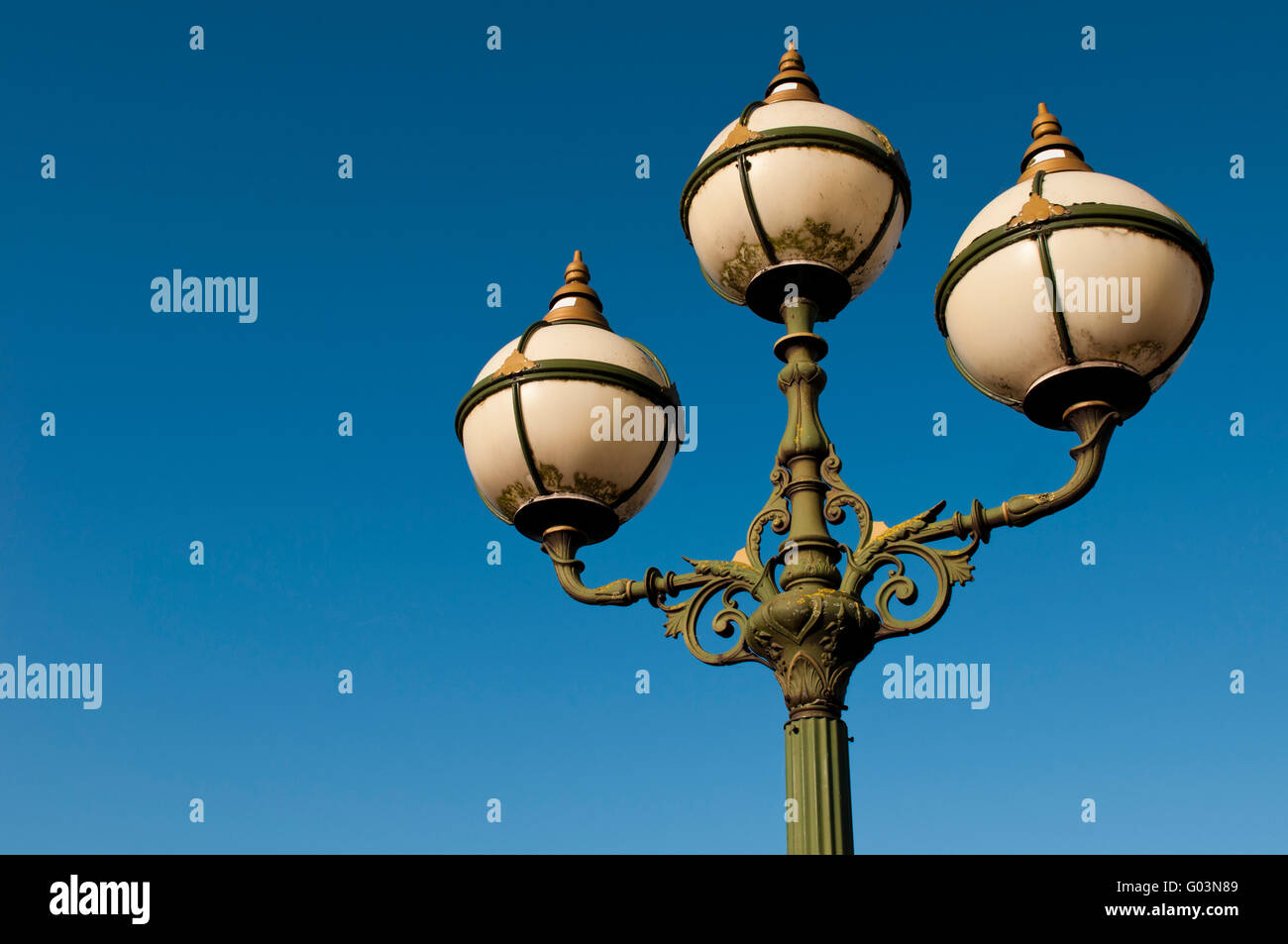 green vintage lamp posts against a blue sky background (Limerick Stock